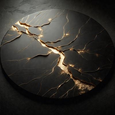 The primary subject of the image is a large, round, black and gold piece of artwork. The setting is a dark room, and the visual style appears to be a combination of digital art and illustration. The colors and mood of the piece are dramatic and striking, with the gold and black elements creating a sense of depth and contrast.